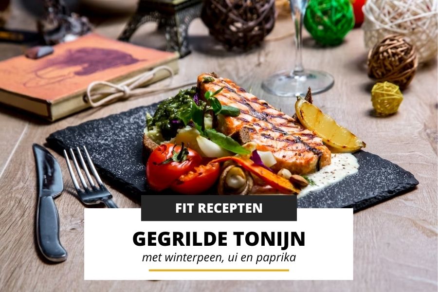 Gegrilde tonijn met winterpeen, ui en paprika