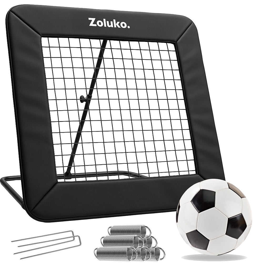Zoluko Voetbal Rebounder - 84x84cm - Incl. Voetbal en 4 Grondhaken - Verstelbaar - Voor Binnen en Buiten - Rebounder Voetbal - Voetbal Trainingsmateriaal - Bouncer - Voetbaldoel - Zwart