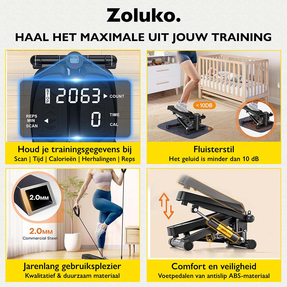 Zoluko Stepper met Display - Inclusief Weerstandsbanden, Antislipmat en E-Book - Stepper Fitness - Fitness Step - Mini Stepper - Step Fitness - Aerobic Step - Step - Stepper Fitnessapparaat - Hometrainer - Zwart 6